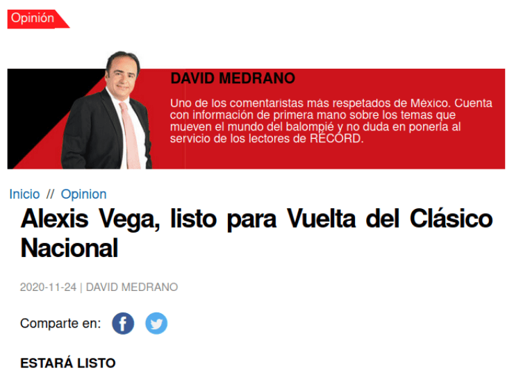 Alexis Vega, listo para Vuelta del Clásico Nacional Alexis Vega, listo para Vuelta del Clásico Nacional