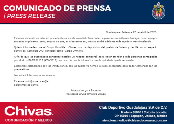 el gesto de amaury vergara para apoyar al control de la pandemia de coronavirus en jalisco con un hospital temporal chivas pasion el gesto de amaury vergara para apoyar