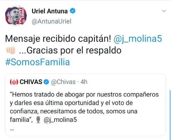 Uriel Antuna en twitter reacciona al capitan de Chivas, Jesús Molina Uriel Antuna en twitter reacciona al capitan de Chivas, Jesús Molina